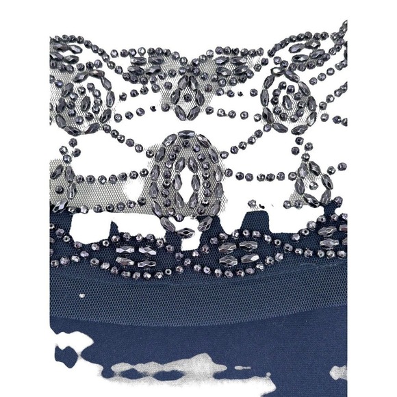 R&M RICHARDS Long Dress with Sheer Beaded Neck and Shoulder Size 10 Navy Blue - Picture 7 of 16